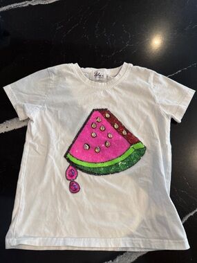 Lola + The Boys White Tee with Pink Sequin Watermelon Slice